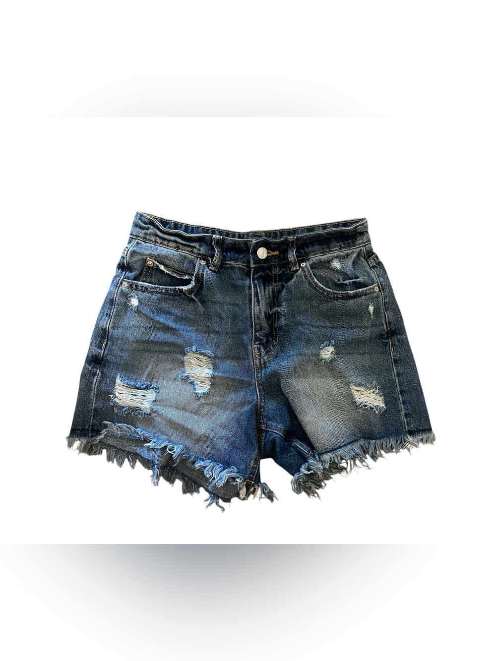 Denim&Co Distressed Dark Blue Jean Shorts with Frayed Hem